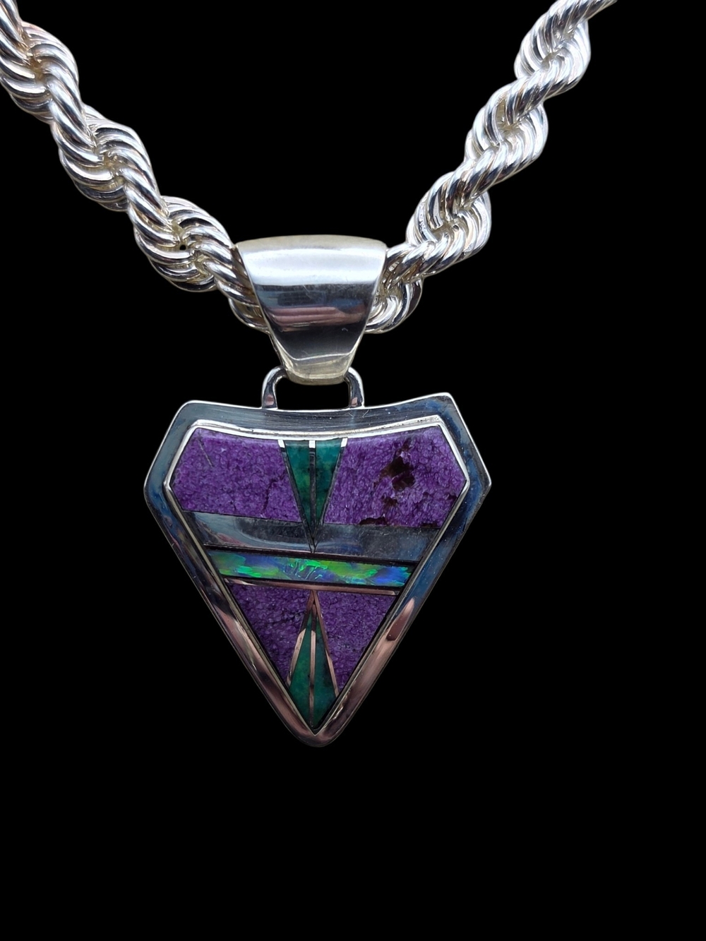 Purple Sugilite and Opal Inlay Triangle Pendant Sterling JM
